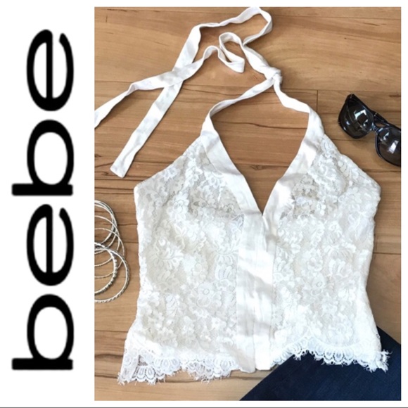 bebe Tops - BEBE  Lace and Satin White halter TOP Blouse